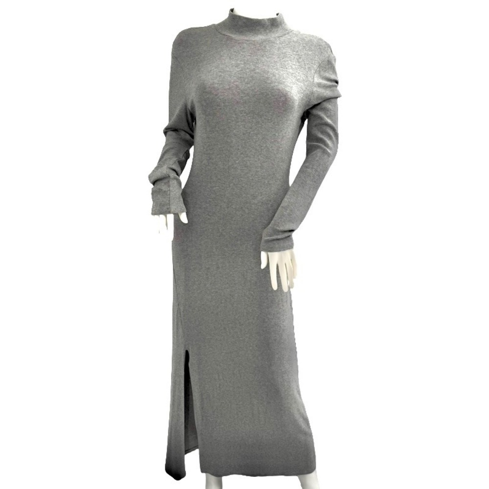 ELODIE Anthropologie Large Gray Ribbed Mock Neck Long Sleeve Slit Maxi Dress
